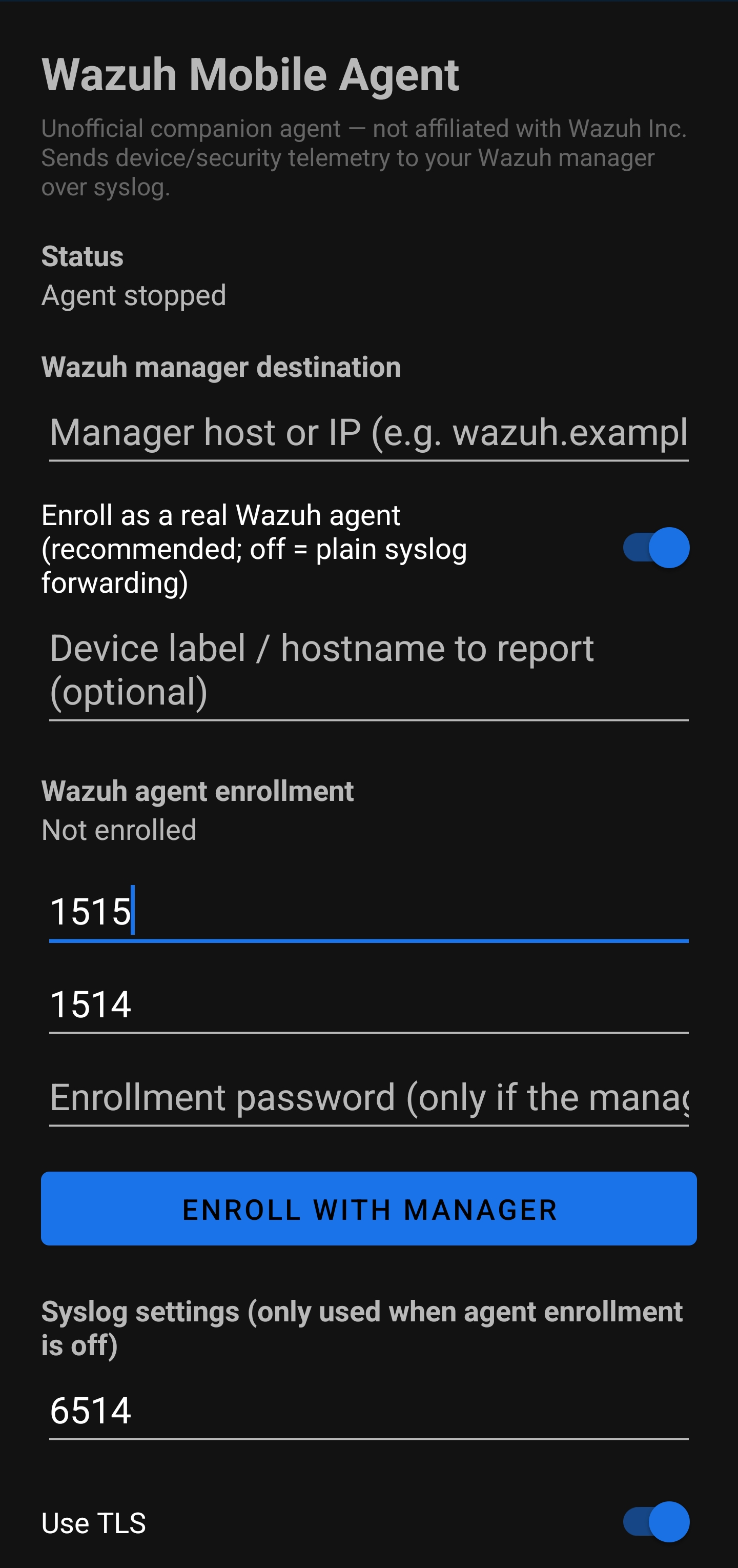 The Wazuh Mobile Agent's main screen, showing the manager destination field, enrollment status, and the Enroll with Manager button